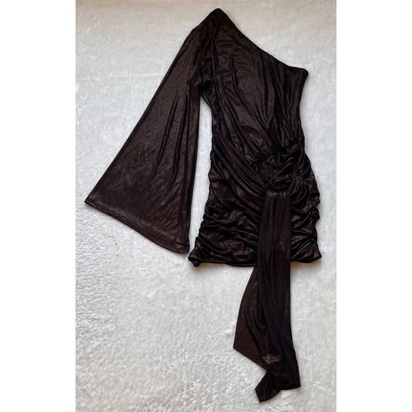 NWOT Zara Blogger’s Favorite Bronze Shiny Asymmetric Shimmer Mini Dress, Medium - Picture 14 of 16